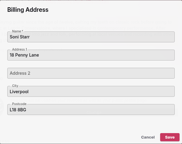 The Billing Address dialog with Soni Starr’s name and Liverpool address filled in