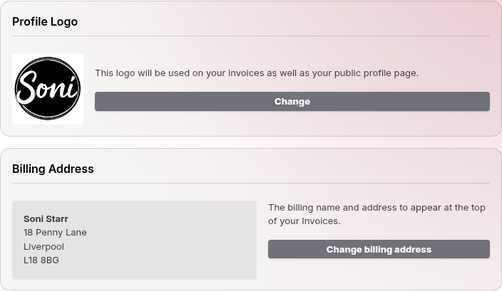 The Profile Logo and Billing Address cards on the Account Profile page