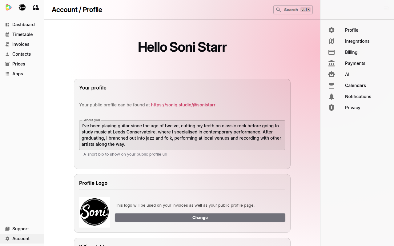 The Account Profile page with the Your profile and Profile Logo cards, and the list of account pages on the right