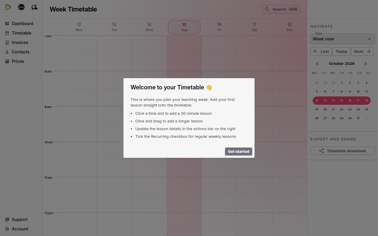The Welcome to your Timetable dialog over an empty week view